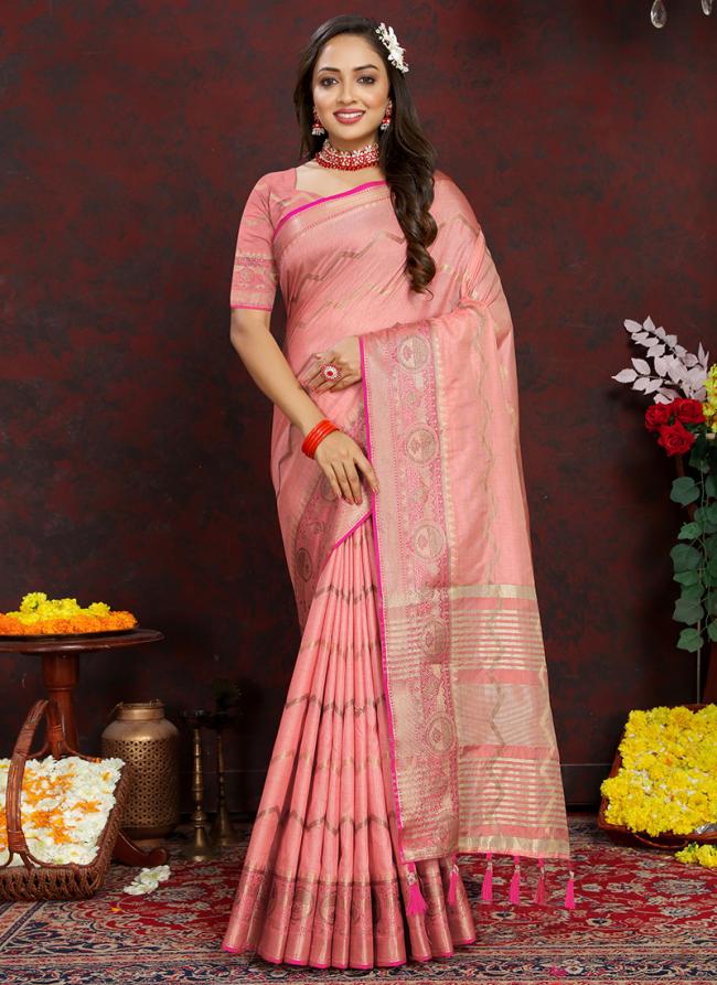 Katan Silk Peach Daily Wear Weaving Saree